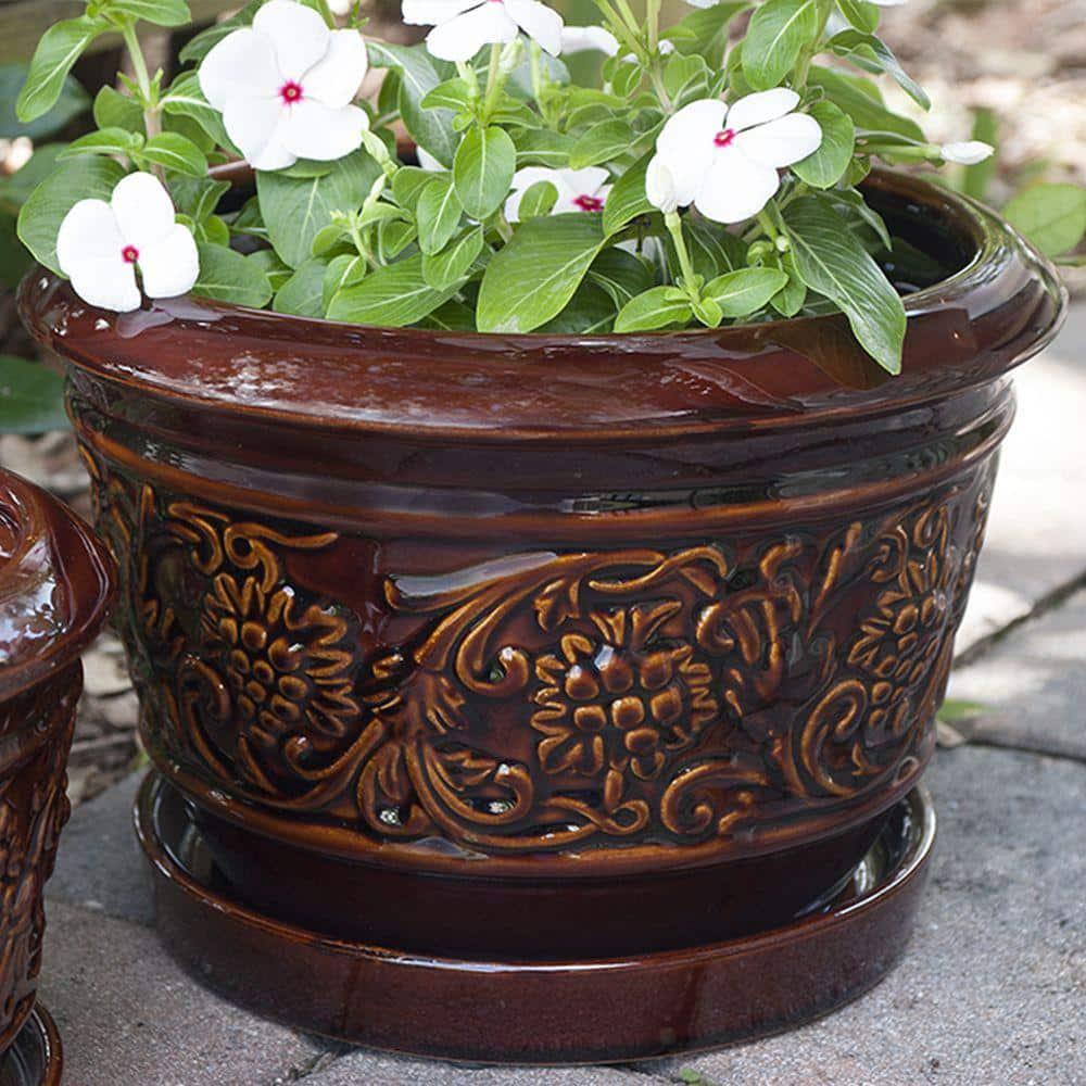 Dia Brown Rustic Damask Ceramic Planter 10 in.
