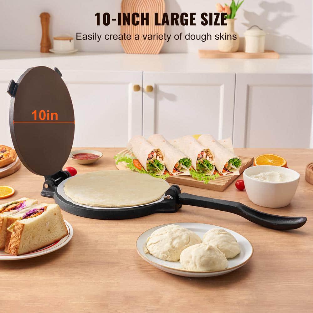 Cast Iron Tortilla Press, Tortilla and Roti Maker with Pre-Seasoned Paracone Maker with 100-Piece Tawa, Black 10in.