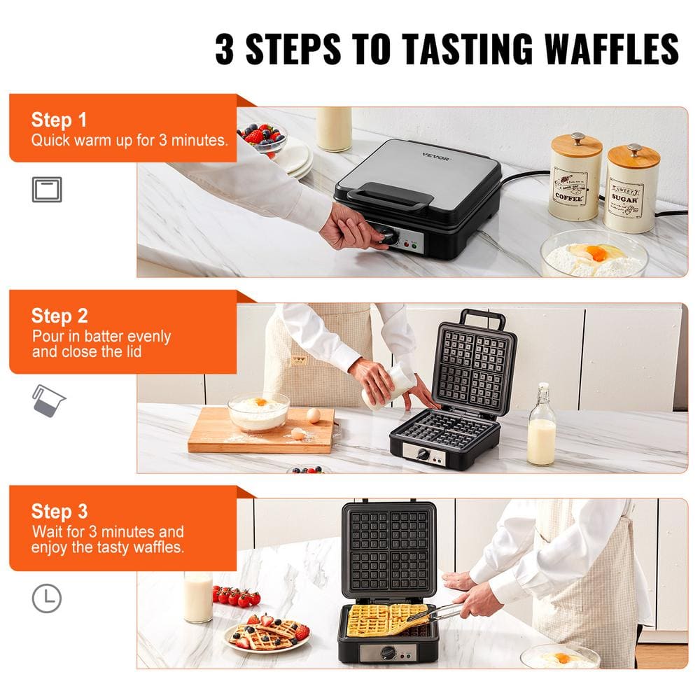 Square Waffle Iron Non-Stick Waffle Cone Machine Stainless Steel Waffle Maker 1200-Watts