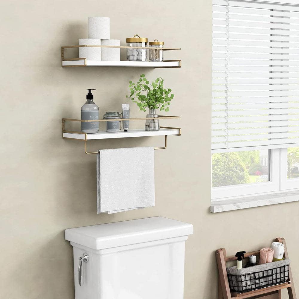 Bathroom Floating Shelf Wall Mounted with Towel Rack, Decorative Wall Shelf, Gold+White 6 in. W x15.7 in. D