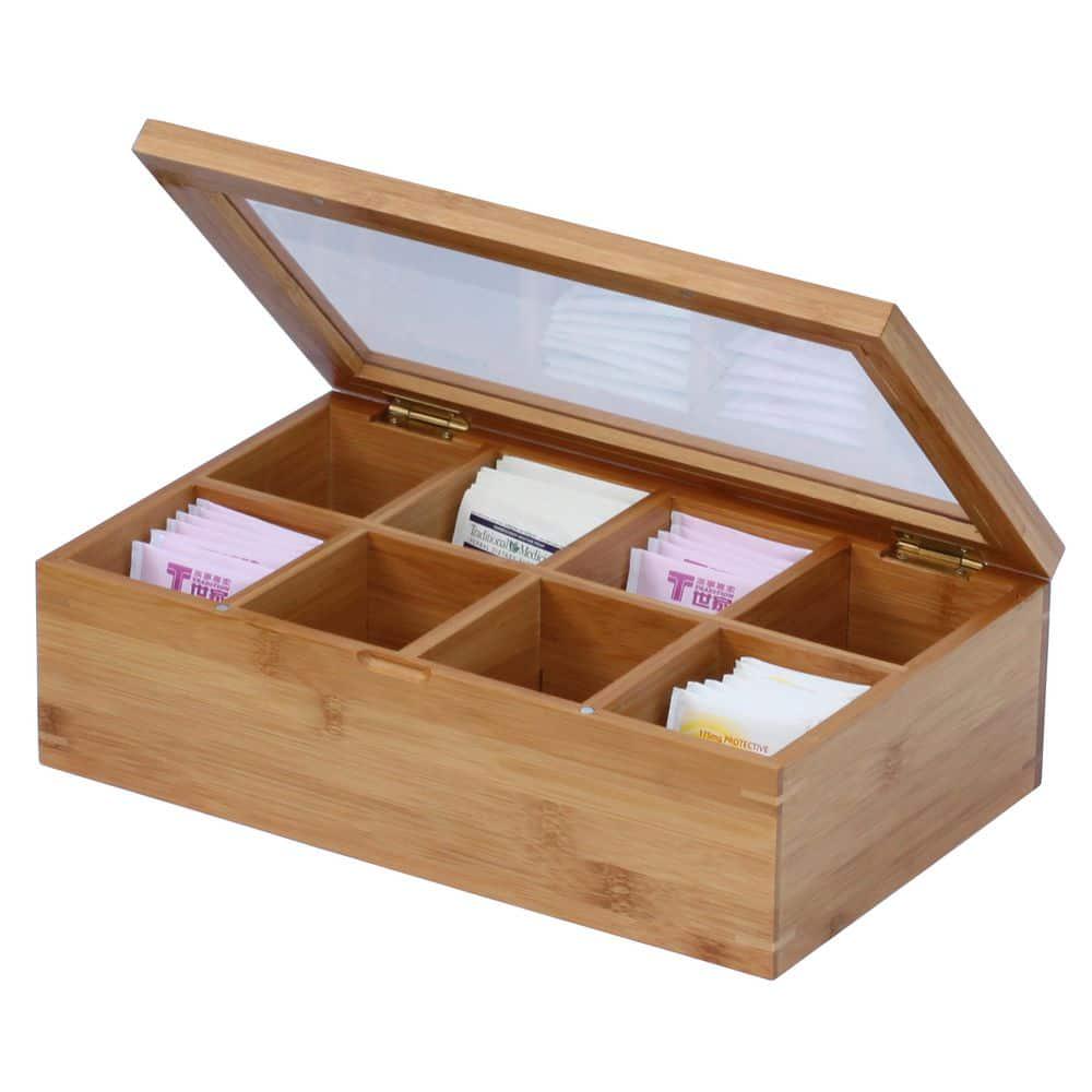 Bamboo Tea Box with Hinged Lid 8-Compartment