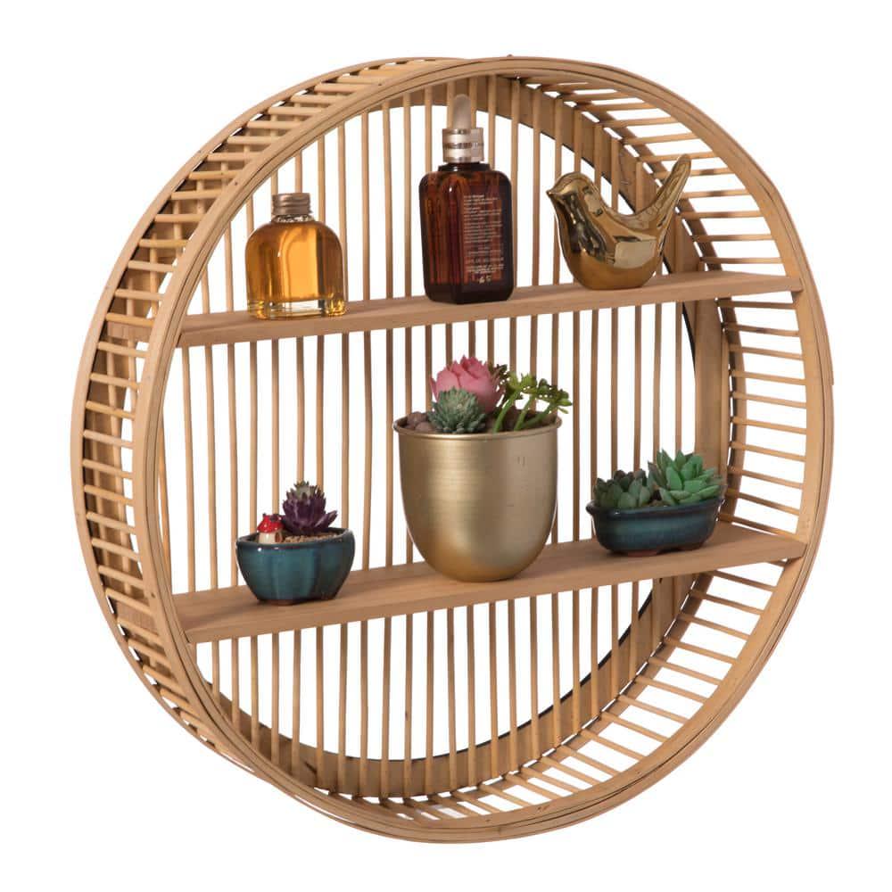 Decorative Rattan Round Display Shelf With 2 Shelves For The Dining Room, Living Room, Or Office