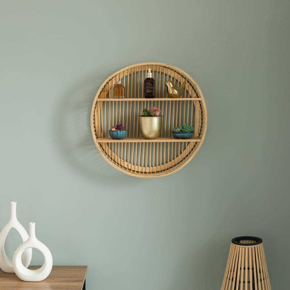 Decorative Rattan Round Display Shelf With 2 Shelves For The Dining Room, Living Room, Or Office