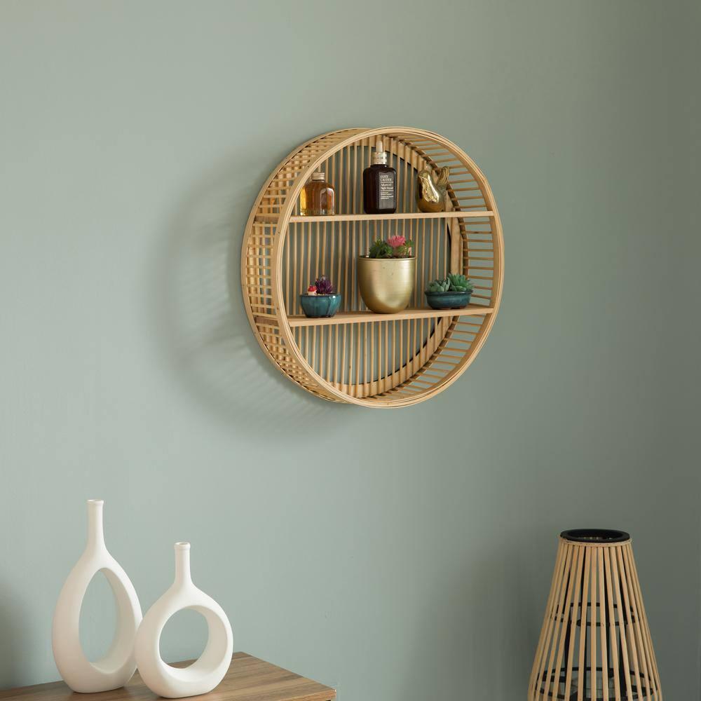 Decorative Rattan Round Display Shelf With 2 Shelves For The Dining Room, Living Room, Or Office