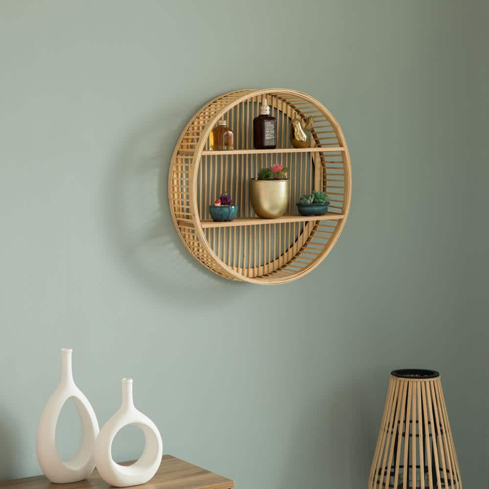 Decorative Rattan Round Display Shelf With 2 Shelves For The Dining Room, Living Room, Or Office