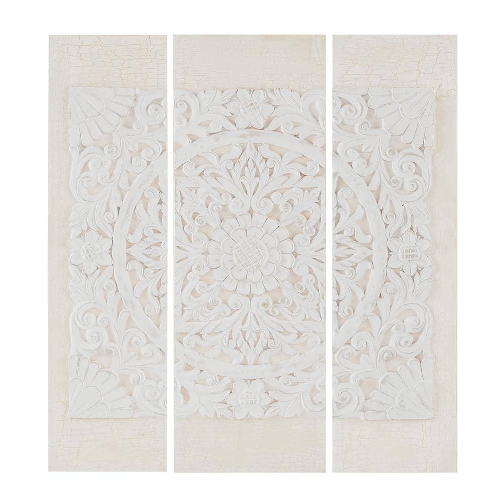 Wooden Mandala White 3D Embellished Canvas Wall Art