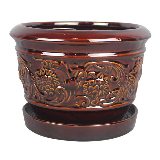 Dia Brown Rustic Damask Ceramic Planter 10 in.