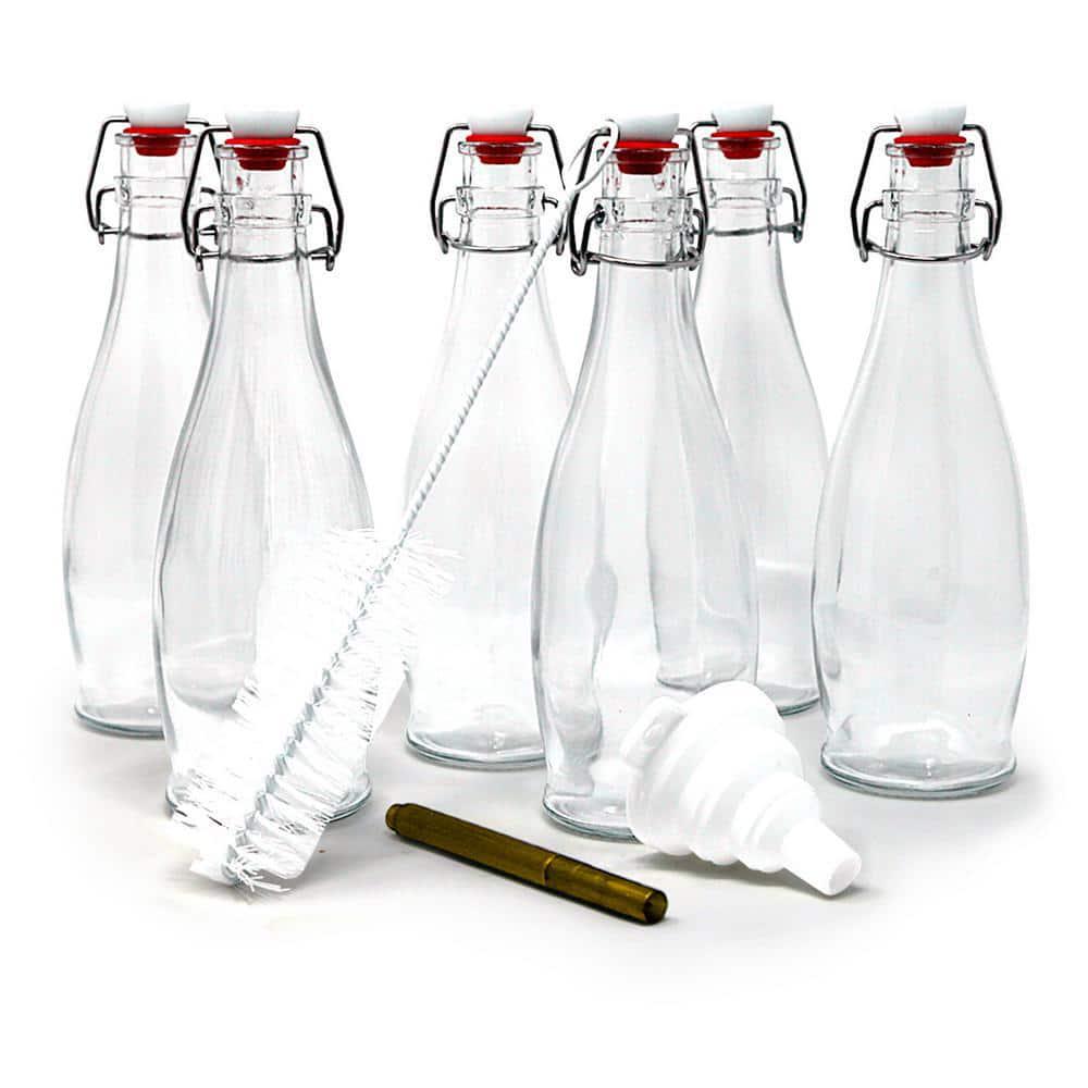 Glass Bottles with Swing Top Stoppers, Bottle Brush, Funnel, and Gold Glass Marker 17 oz. (Set of 6)