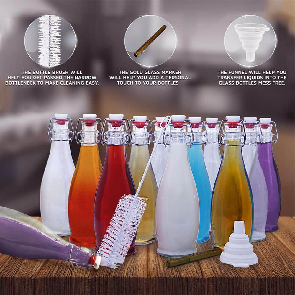 Glass Bottles with Swing Top Stoppers, Bottle Brush, Funnel, and Gold Glass Marker 17 oz. (Set of 6)