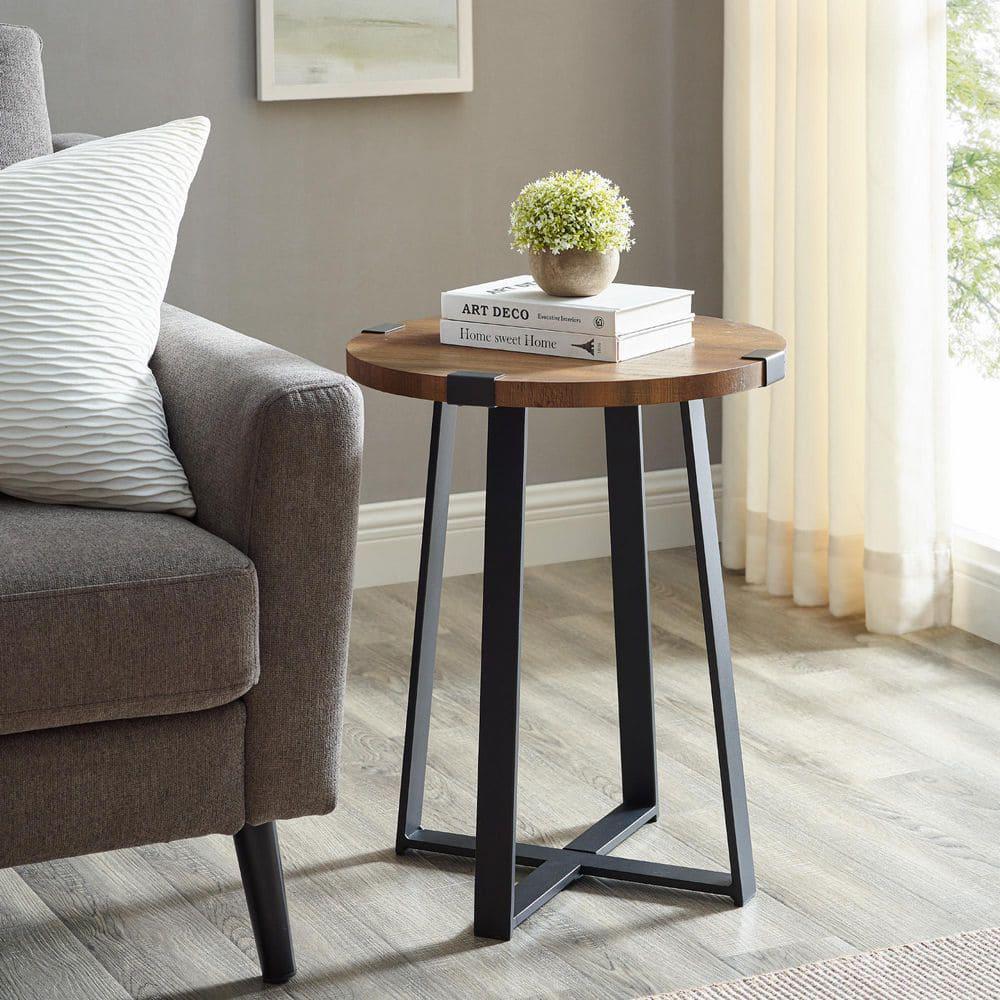 Rustic Oak Rustic Urban Industrial Wood and Metal Wrap Round Accent Side Table 18 in.