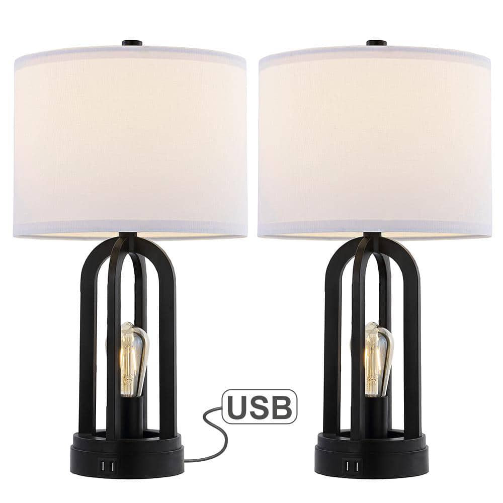 Black Table Lamp with USB Port and Nightlight, LED Bulbs Included (Set of 2) 22 .75 in.