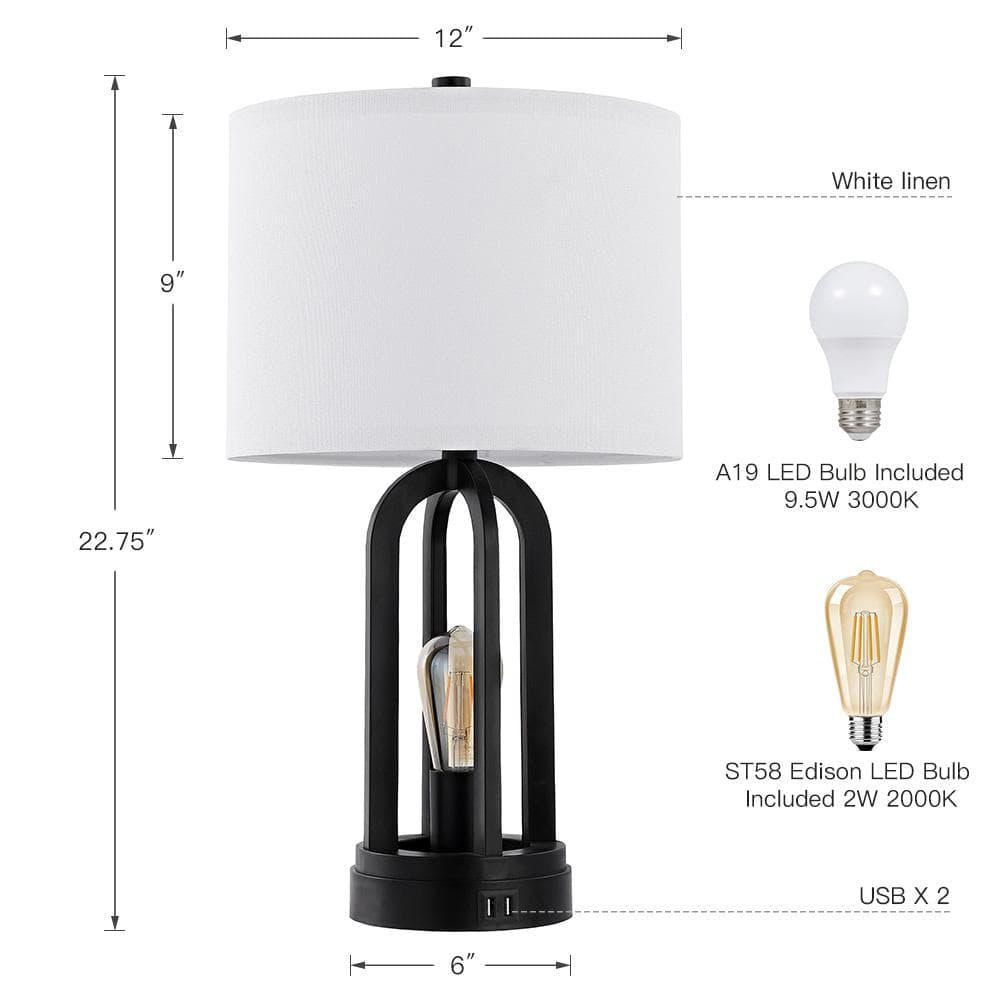 Black Table Lamp with USB Port and Nightlight, LED Bulbs Included (Set of 2) 22 .75 in.