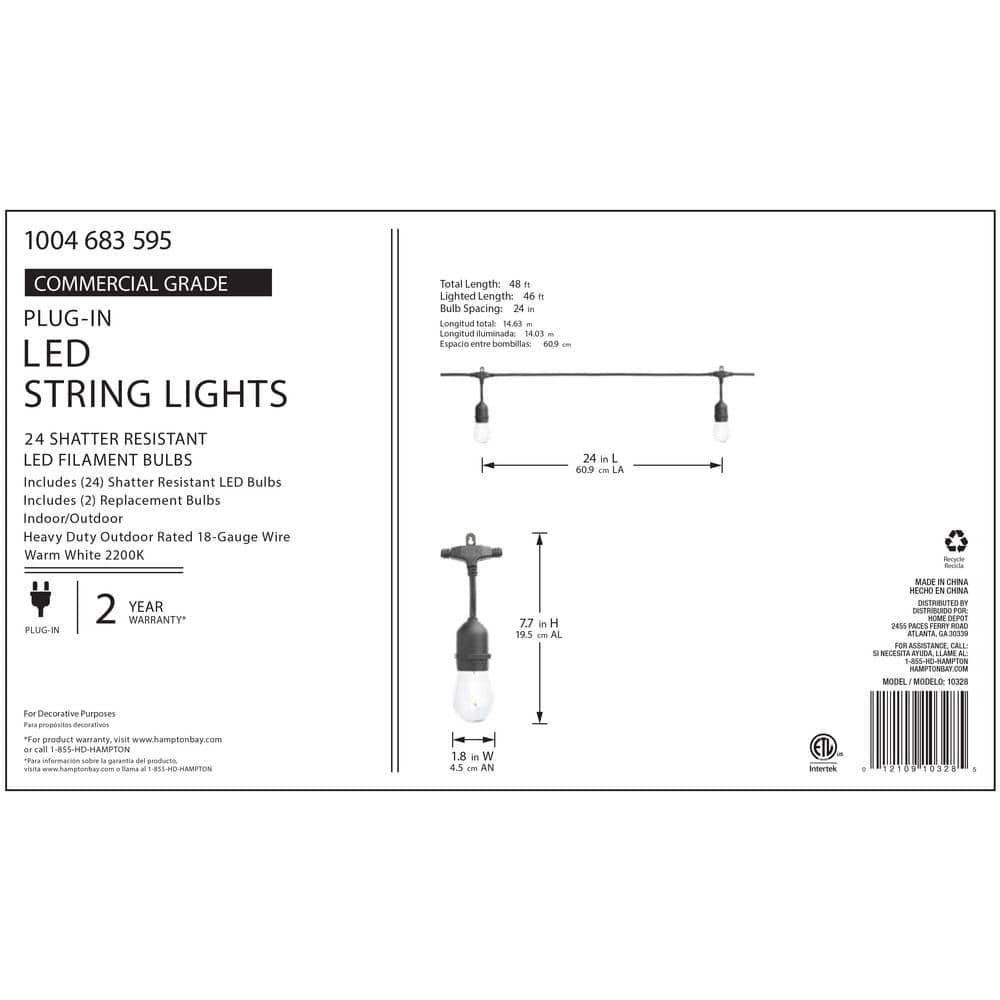 String Light with S14 Single Filament LED Bulbs 24-Light 48 ft. Indoor/Outdoor