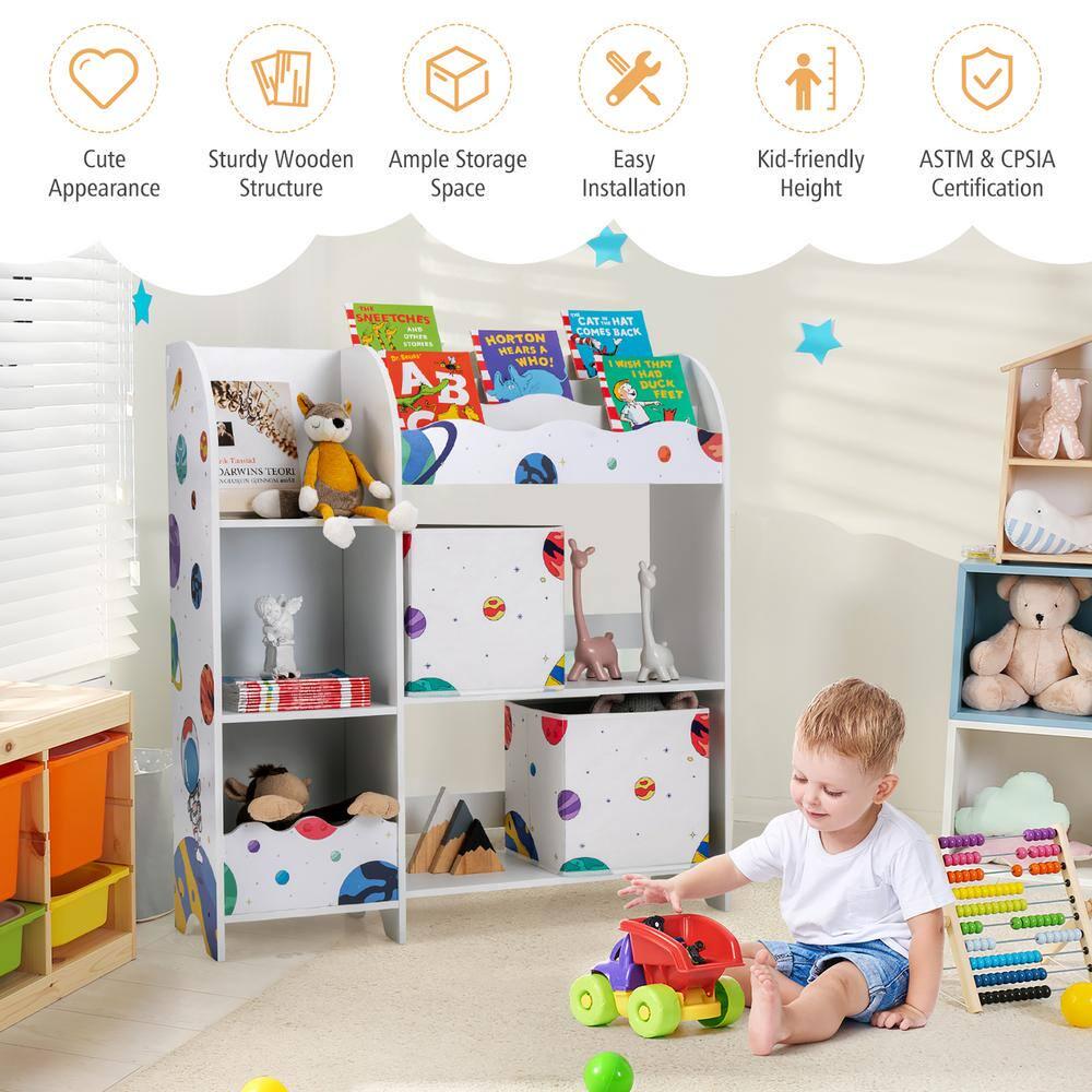 White Bookcase Kids Toy Organizer Children Wooden Storage Cabinet w/Storage Bins 36.5 in.