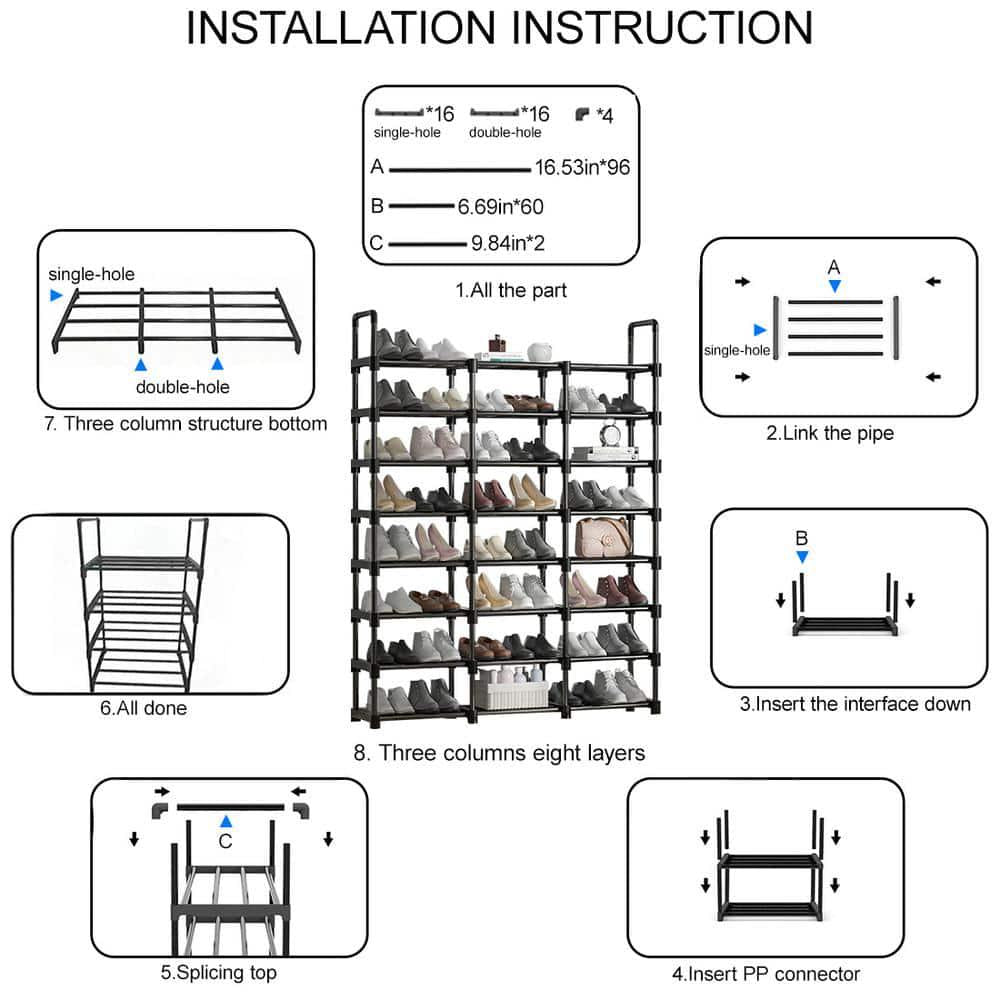 Black Metal Shoe Rack 57 in. H 48-Pair 8-Tier
