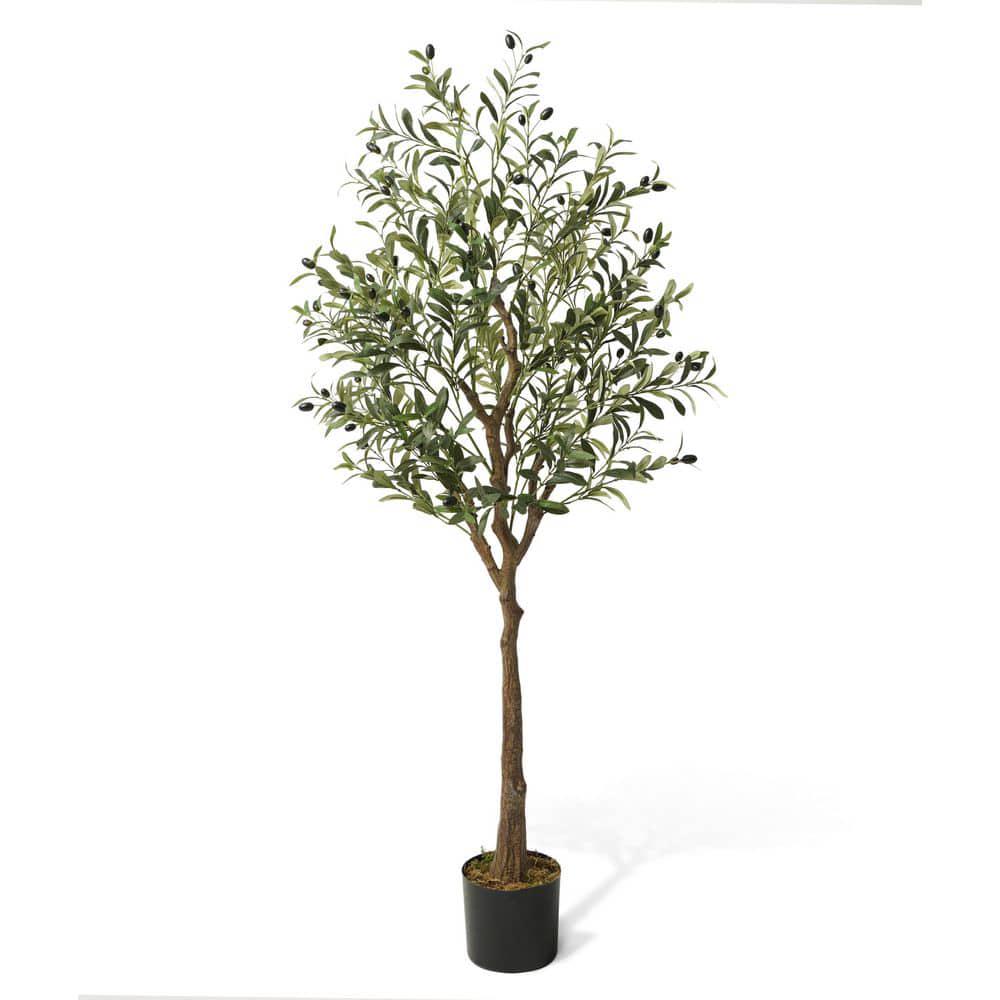 Green Artificial Olive Tree, Faux Plant in Pot for Indoor Home Office Modern Decoration Housewarming Gift 7 ft.