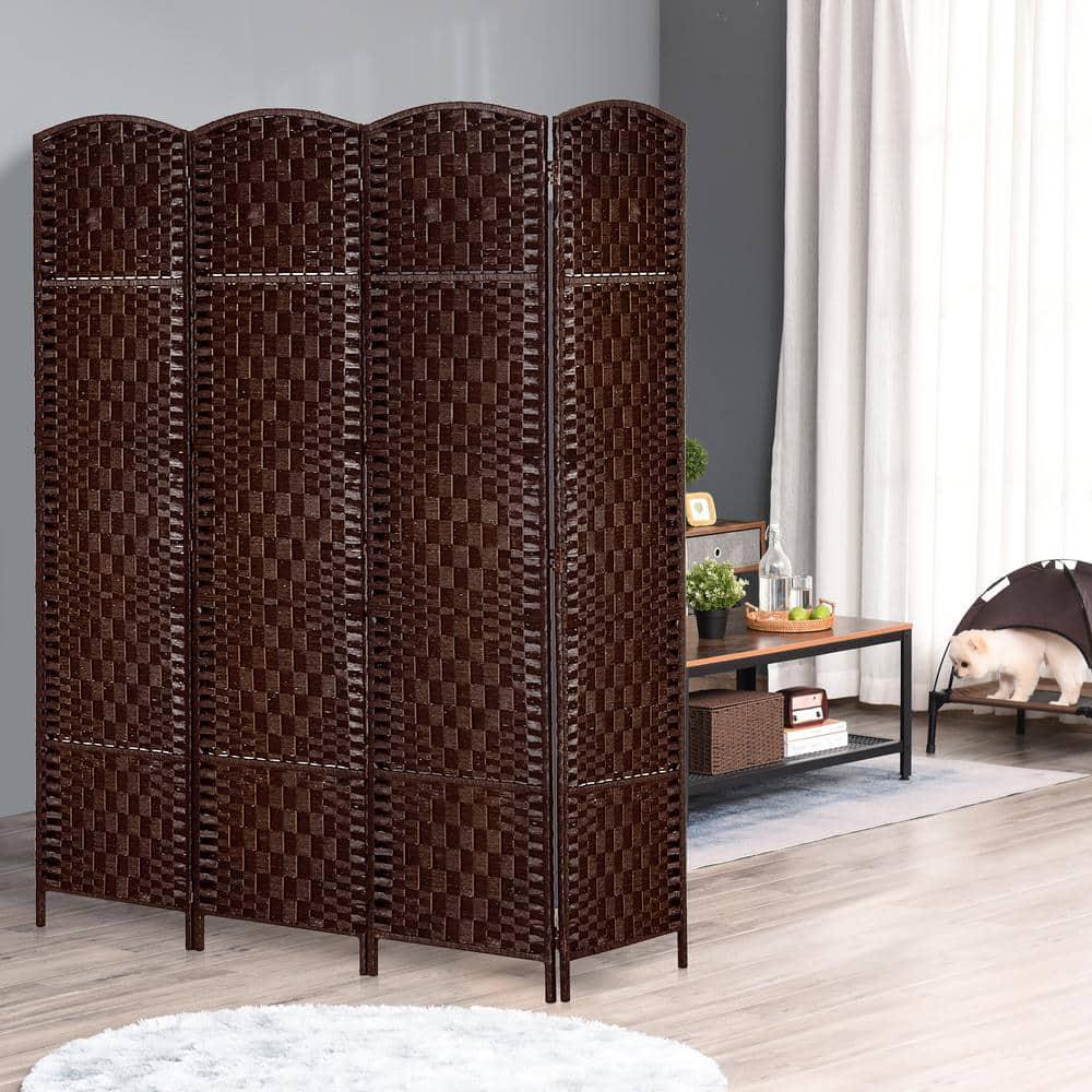 Chestnut Brown Wicker Weave 4-Panel Room Divider Privacy Screen 6 in. Tall