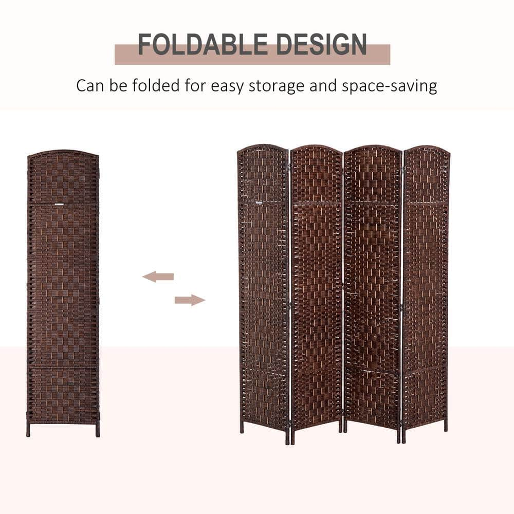 Chestnut Brown Wicker Weave 4-Panel Room Divider Privacy Screen 6 in. Tall