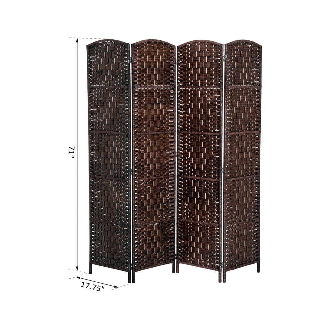 Chestnut Brown Wicker Weave 4-Panel Room Divider Privacy Screen 6 in. Tall