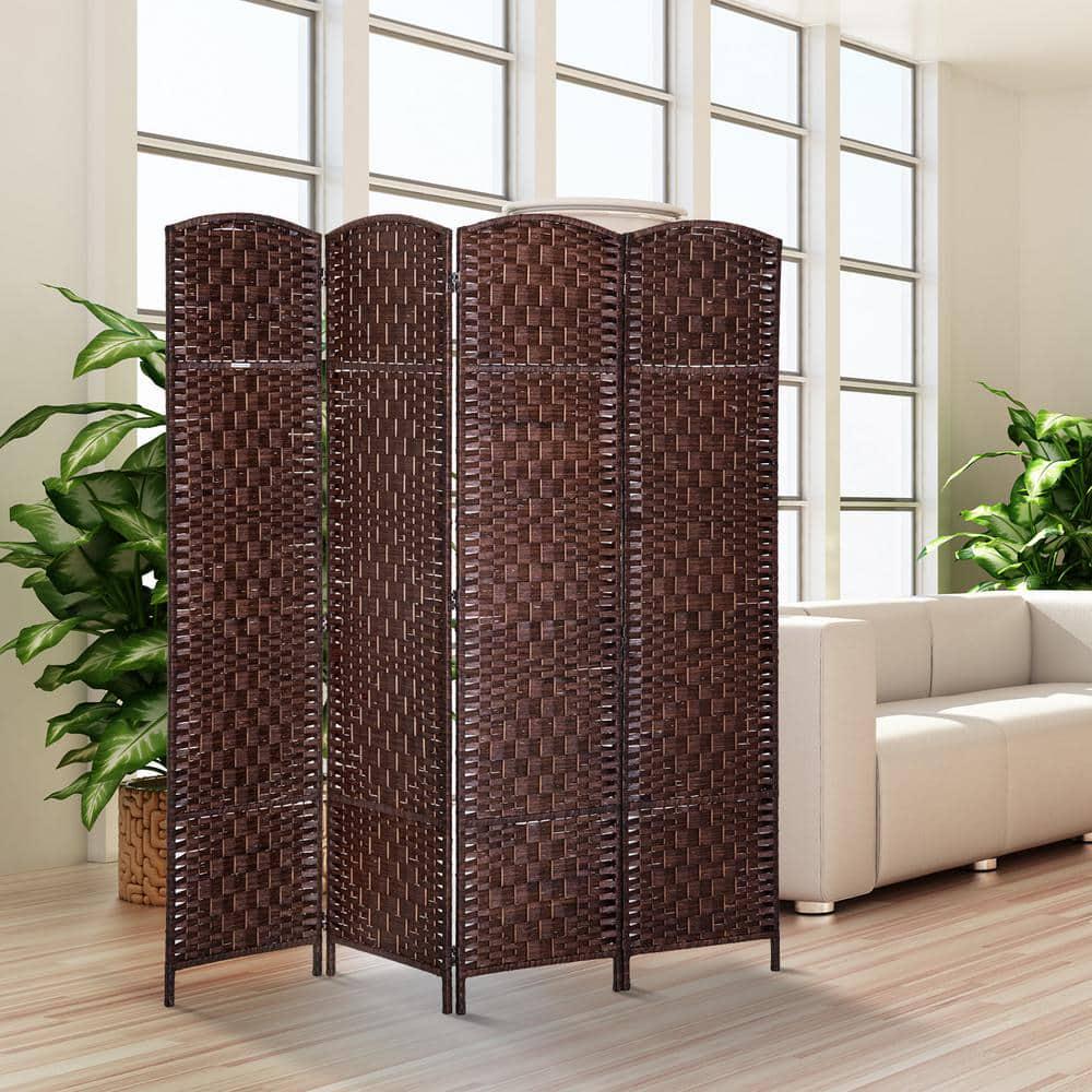 Chestnut Brown Wicker Weave 4-Panel Room Divider Privacy Screen 6 in. Tall