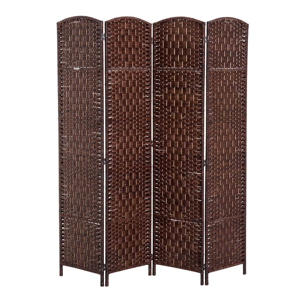 Chestnut Brown Wicker Weave 4-Panel Room Divider Privacy Screen 6 in. Tall