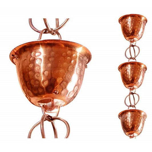 Pure Copper Hammered Cup Rain Chain with Ring 8.5 ft. L