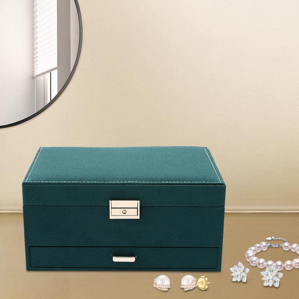 Dark Green 3-Layers Flannel Jewelry Storage Box 9.45 in. x 6.69 in.