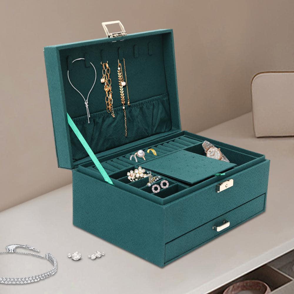 Dark Green 3-Layers Flannel Jewelry Storage Box 9.45 in. x 6.69 in.