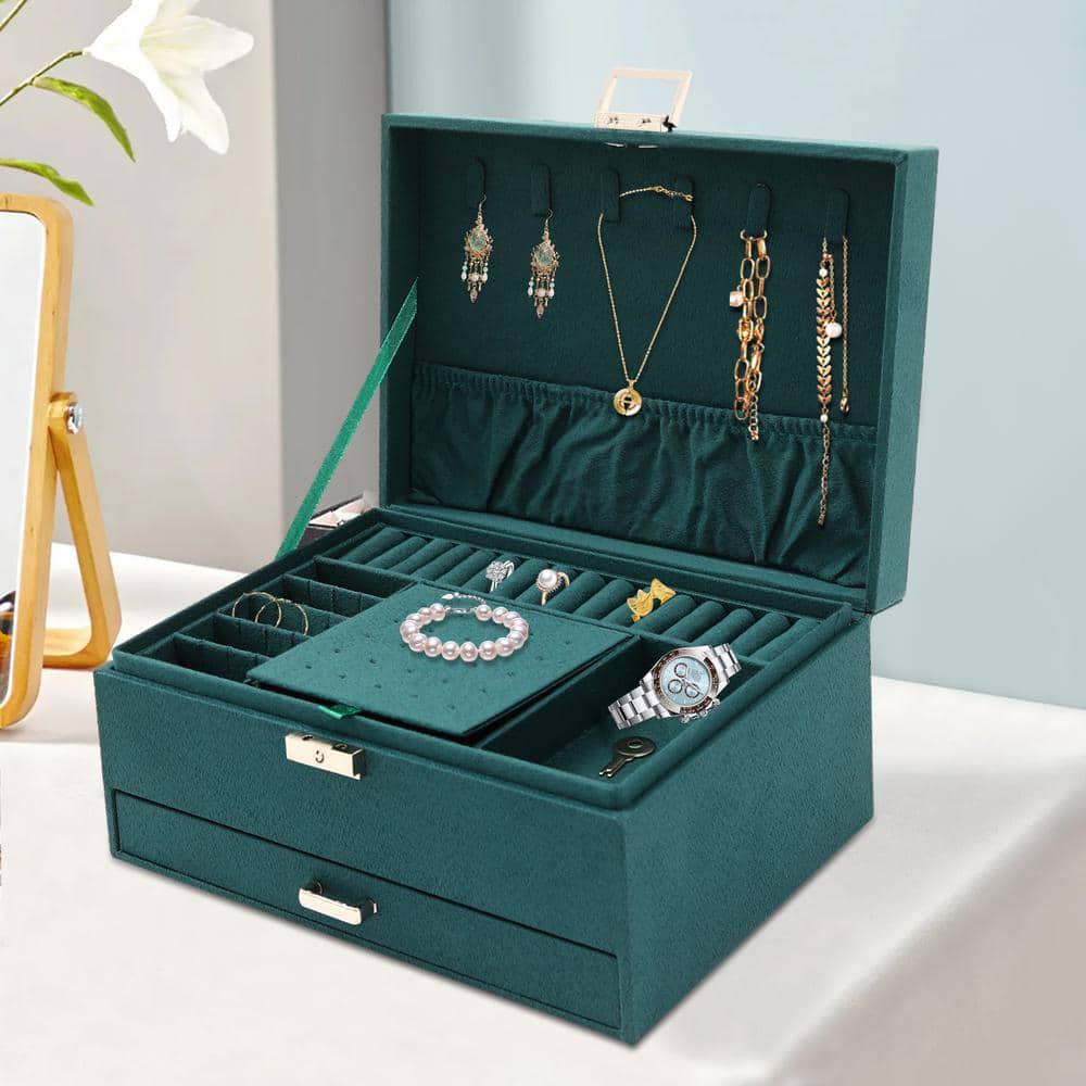 Dark Green 3-Layers Flannel Jewelry Storage Box 9.45 in. x 6.69 in.