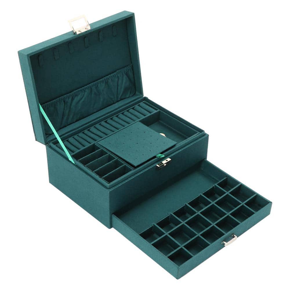 Dark Green 3-Layers Flannel Jewelry Storage Box 9.45 in. x 6.69 in.