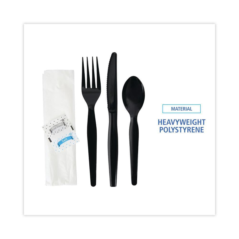 Black Heavyweight Disposable Polystyrene Utensils, 6-Piece Cutlery Kit, Condiment/Fork/Knife/Napkin/Spoon (250-Carton)