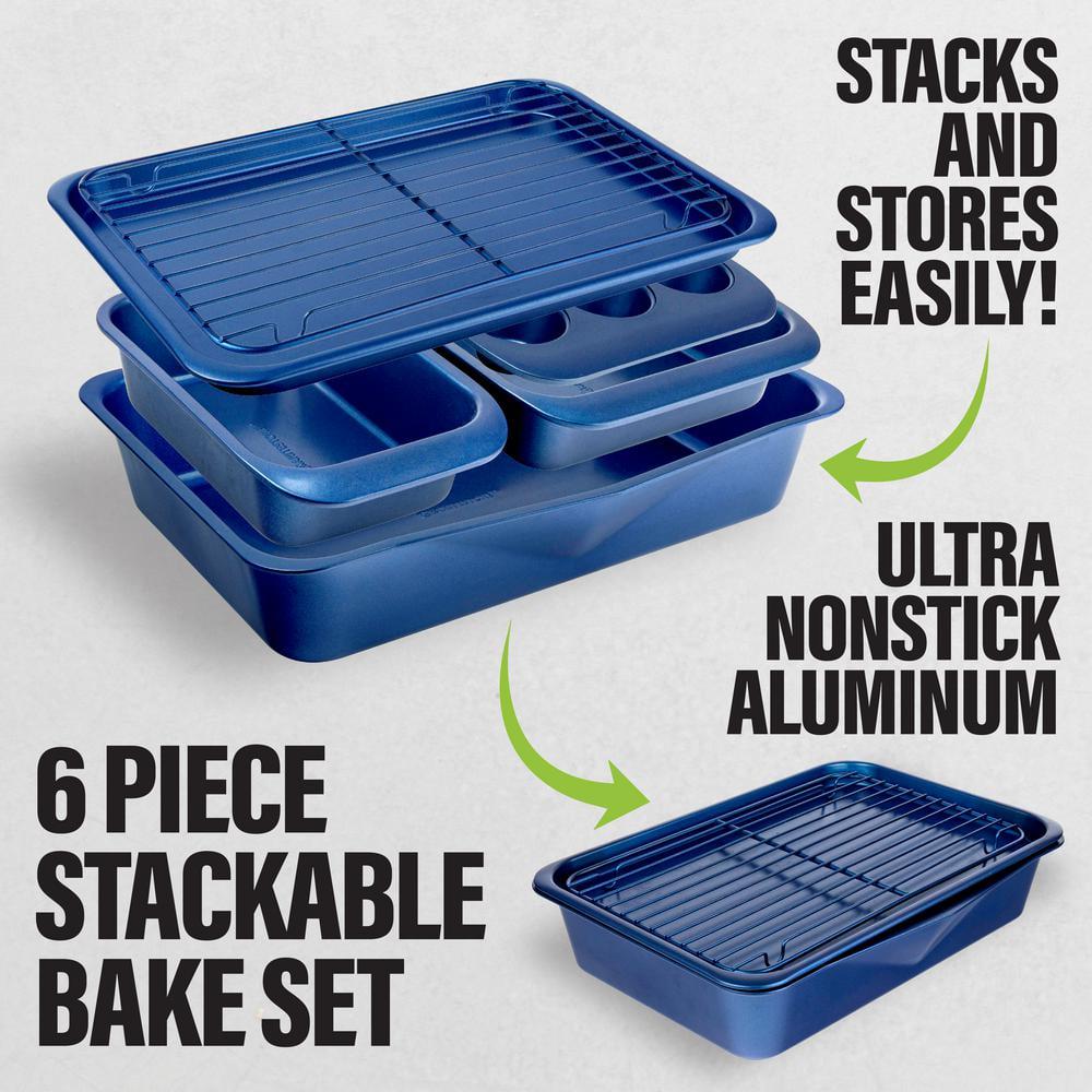 Classic Blue StackMaster 6-Piece Carbon Steel Diamond Infused Nonstick Space Saving Stackable Bakeware Set