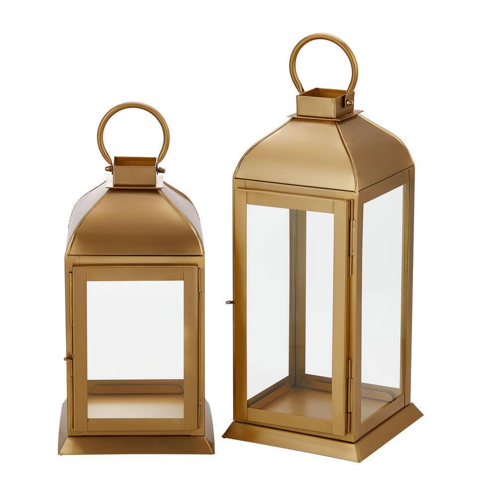 Classic Gold Metal Lantern Candle Holder - Hanging or Tabletop (Set of 2)