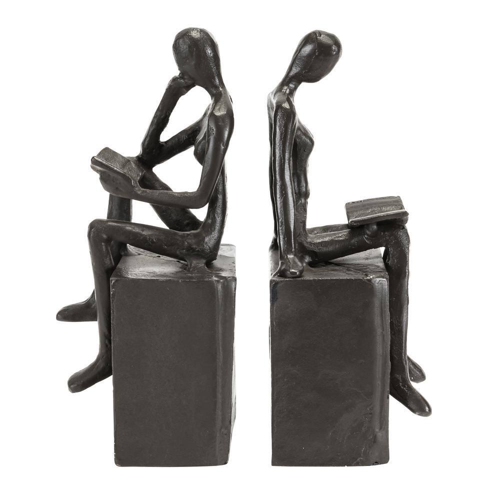 Dark Brown Metal Cast Iron Man and Woman Reading on a Block Characters Bookends (Set of 2)