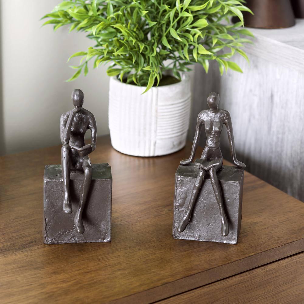 Dark Brown Metal Cast Iron Man and Woman Reading on a Block Characters Bookends (Set of 2)