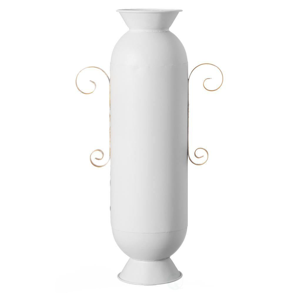 Decorative White Metal Floor Vase With 2 Gold Handles for Entryway, Living Room or Dining Room