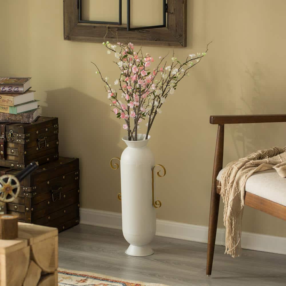 Decorative White Metal Floor Vase With 2 Gold Handles for Entryway, Living Room or Dining Room