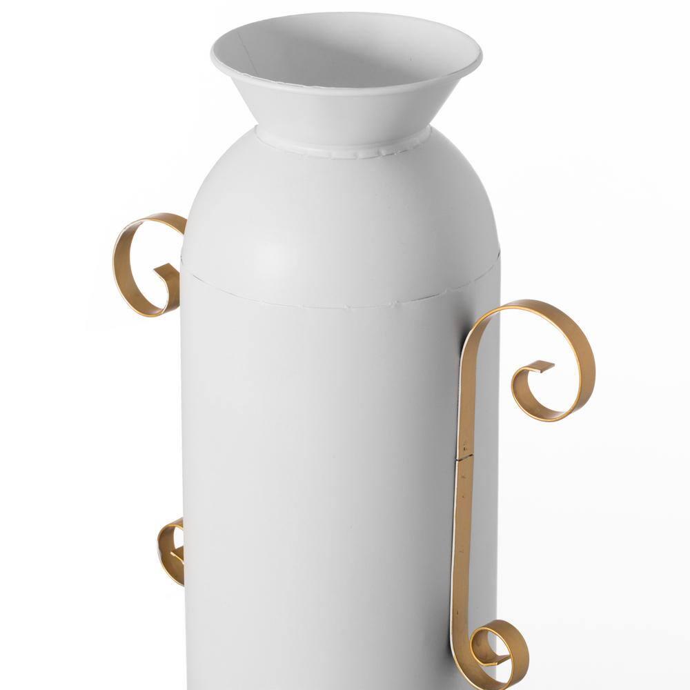 Decorative White Metal Floor Vase With 2 Gold Handles for Entryway, Living Room or Dining Room