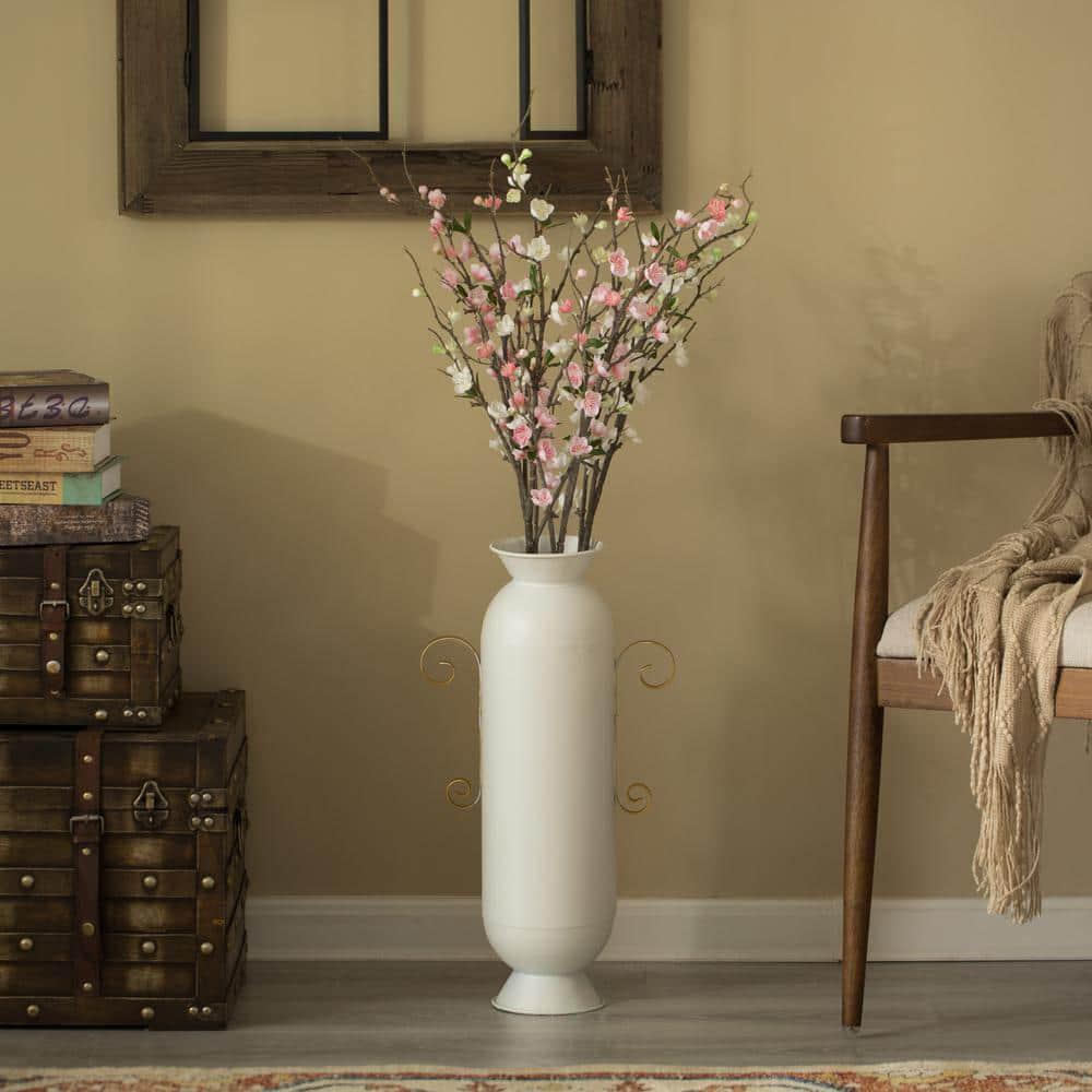 Decorative White Metal Floor Vase With 2 Gold Handles for Entryway, Living Room or Dining Room