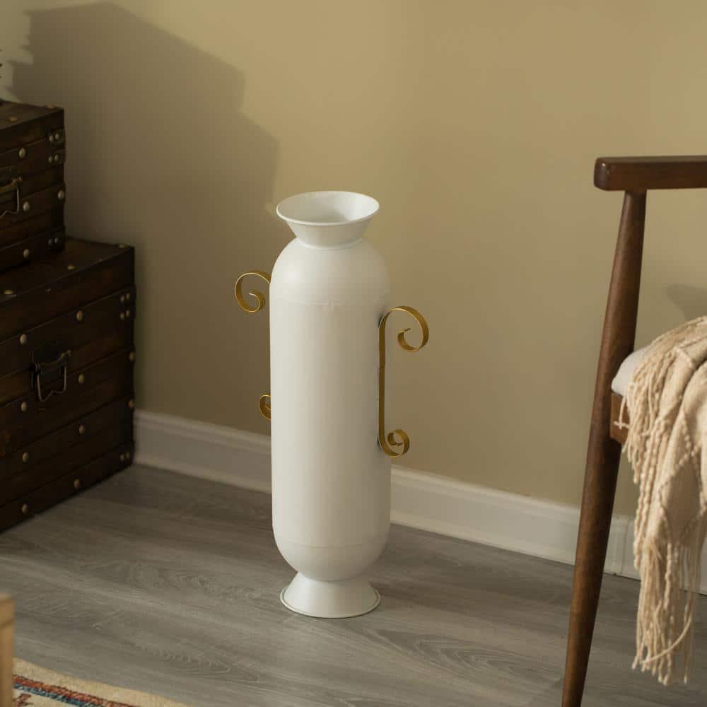 Decorative White Metal Floor Vase With 2 Gold Handles for Entryway, Living Room or Dining Room