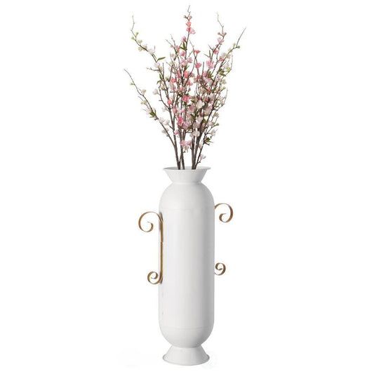 Decorative White Metal Floor Vase With 2 Gold Handles for Entryway, Living Room or Dining Room