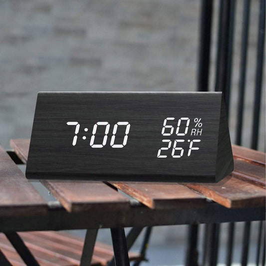 Digital Alarm Clock, with Wooden Electronic LED Time Display, 3-Alarm Settings, Humidity and Temperature Detect