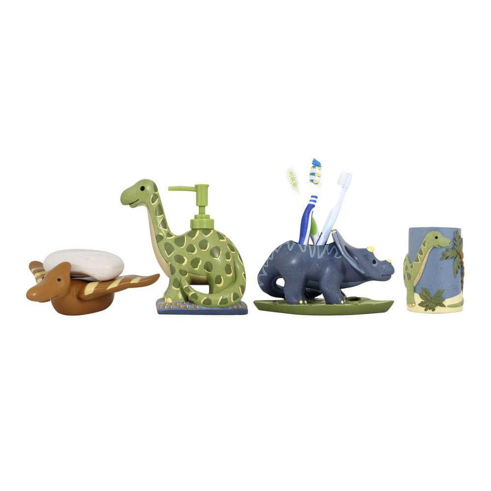 Dinosaur 4-Piece Kids Bathroom Accessories Set in Blue/Green and Brown