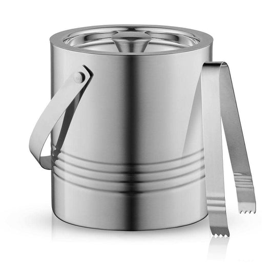 Stainless Steel Ice Bucket with Metal Lid, Strainer and Tongs Double Wall 7.2 in. 3.17 qt.