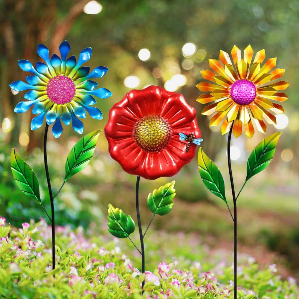 MultiColor Metal Garden Stakes Flower 2.99 ft. (3-Pack)