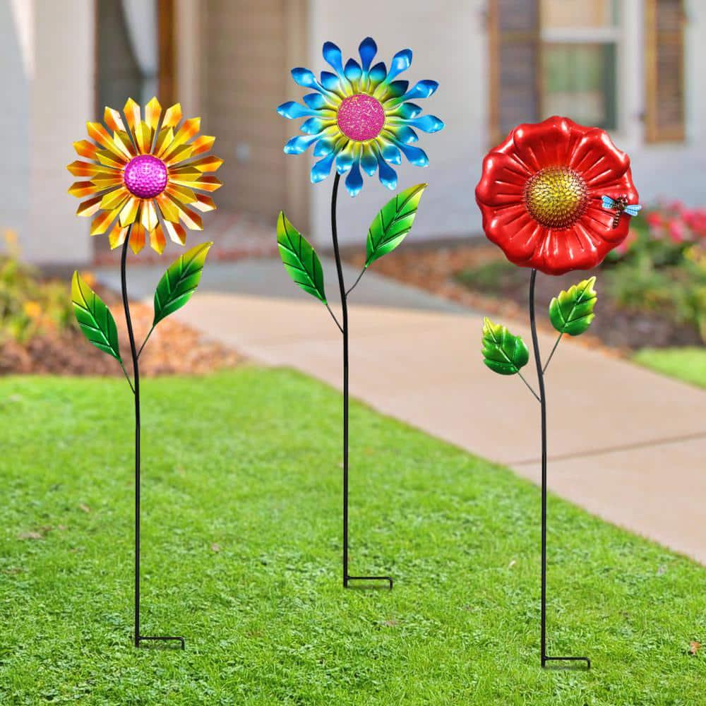 MultiColor Metal Garden Stakes Flower 2.99 ft. (3-Pack)