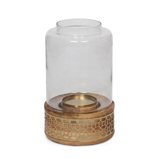 Hamlin Natural and Gold Mango Wood Hurricane Candle Holder