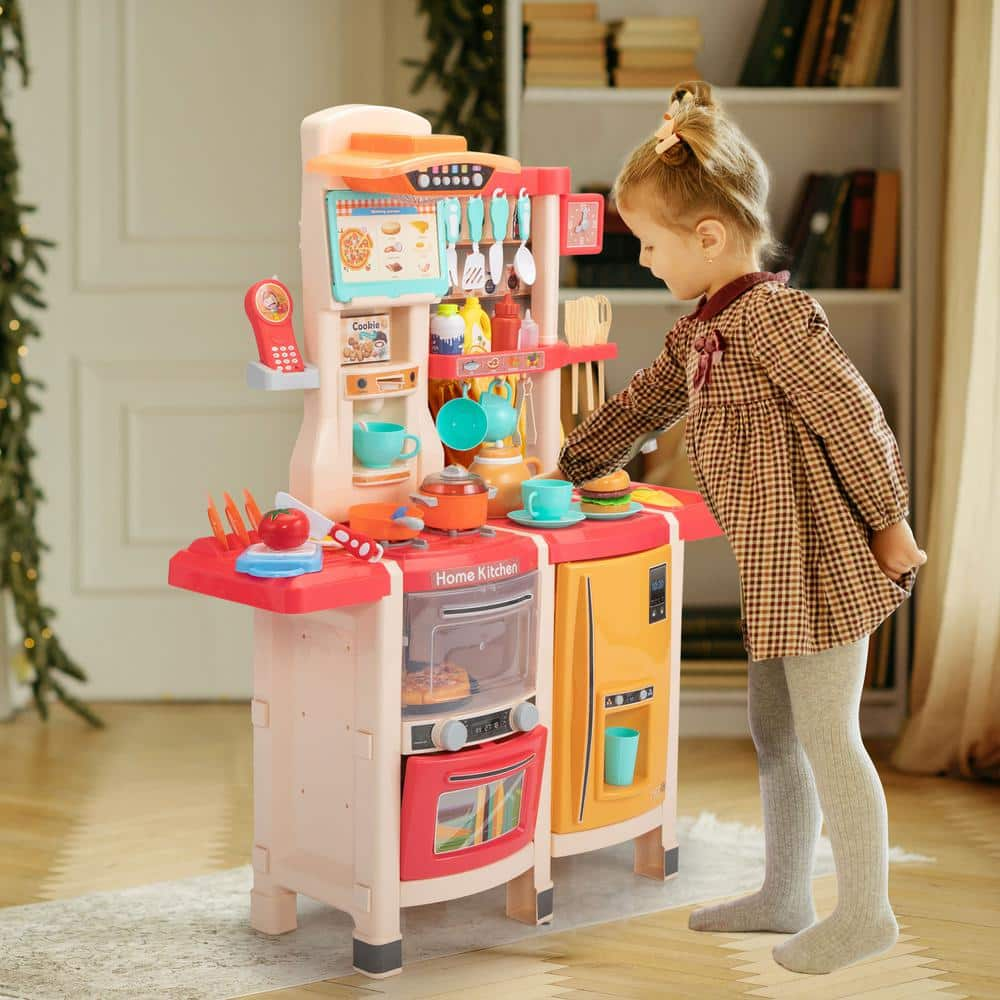 Kids Kitchen Playset Little Chef Play Kitchen Set Children Pretend Play Cook Toys, Pink