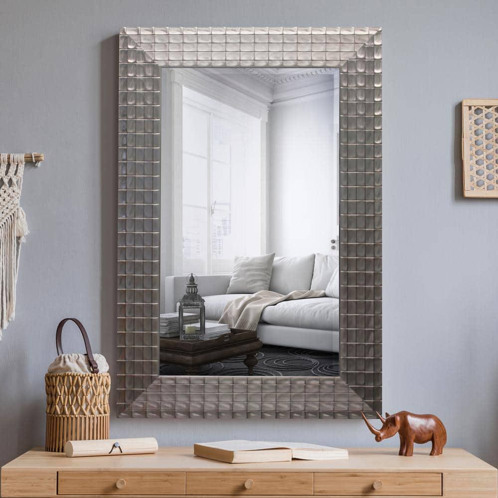 Medium Rectangle Pewter Finish Beveled Glass Antiqued Contemporary Mirror (36 in. H x 24 in. W)