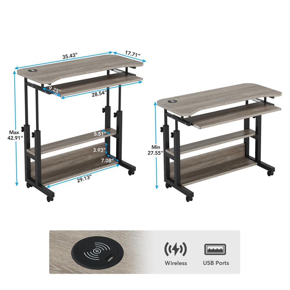 Moronia Gray Portable Desk with Wireless Charging Station, Height Adjustable Laptop Table with USB Ports